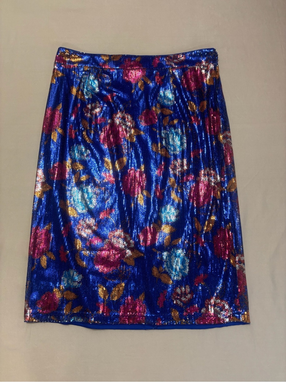 G.I.L.I. Blue Sequin Floral Pencil Skirt w/ Pink & Gold Accents Women's Size 12